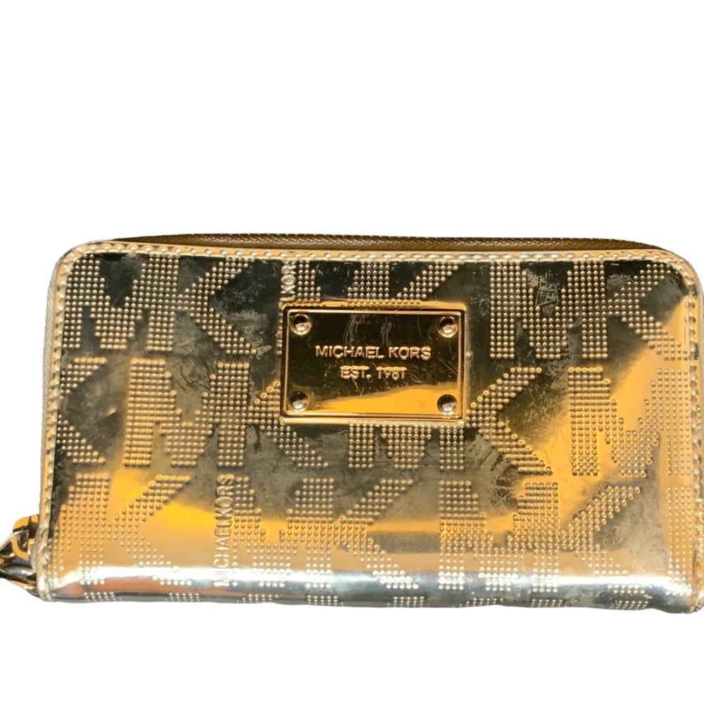 Michael Kors Signature Gold Metallic Zip Around Jet Set Wallet